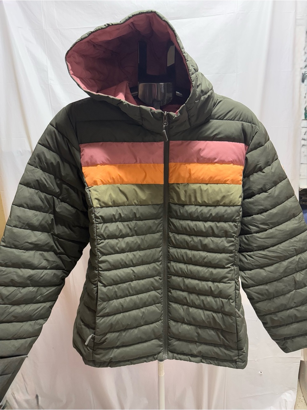 HFX Outdoors Men’s XXL Colorblock Puffer Jacket Hooded Green Pink Orange
